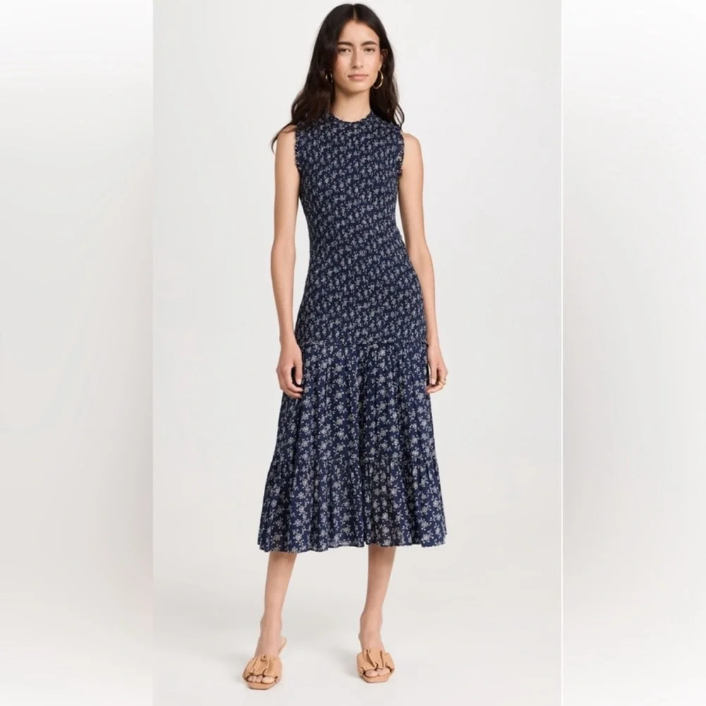 Veronica beard Verena Smocked Cotton-voile Dress Marine